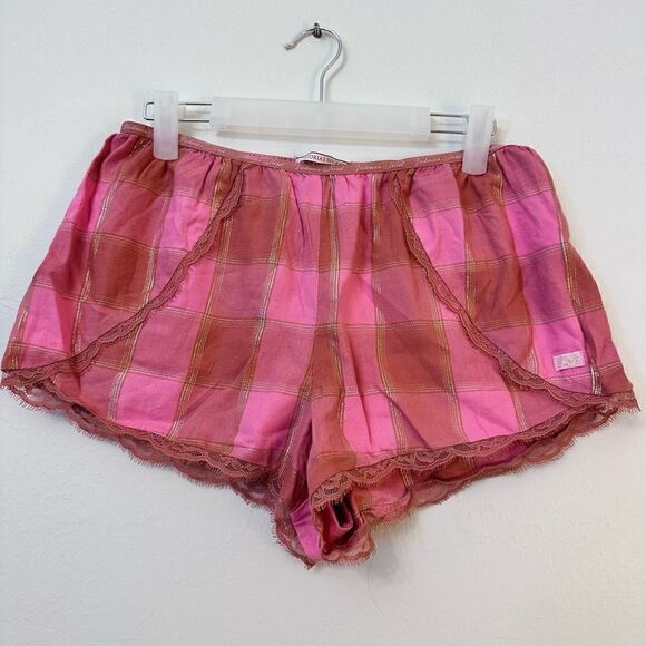Victoria's Secret Women's Sleep Shorts Plaid Flannel Lace Trim Pink Gold Small - Picture 1 of 4